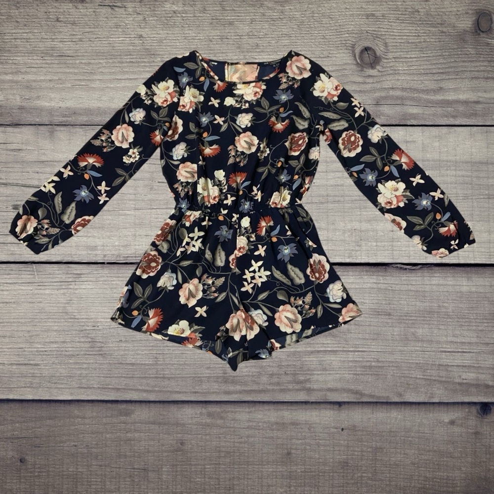 One Clothing Los Angeles Floral Long Sleeve Romper Navy Dark Romantic